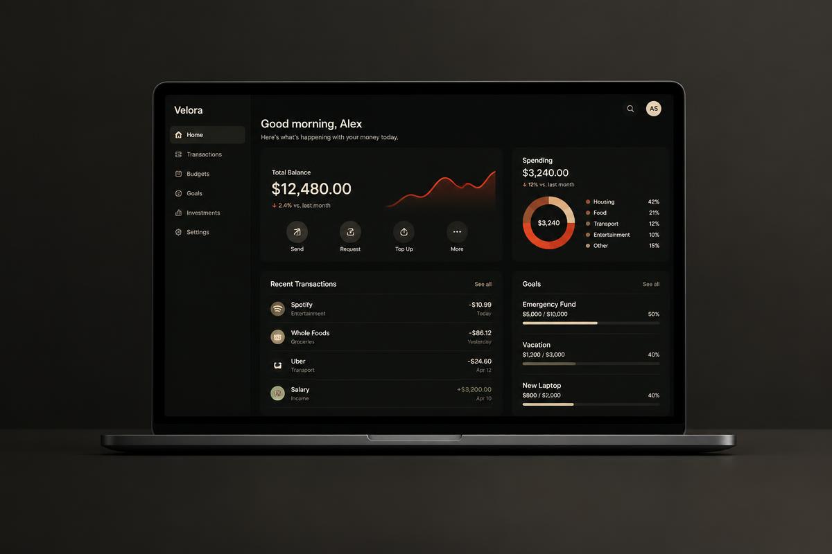 Concept financial dashboard interface on a laptop in dark mode