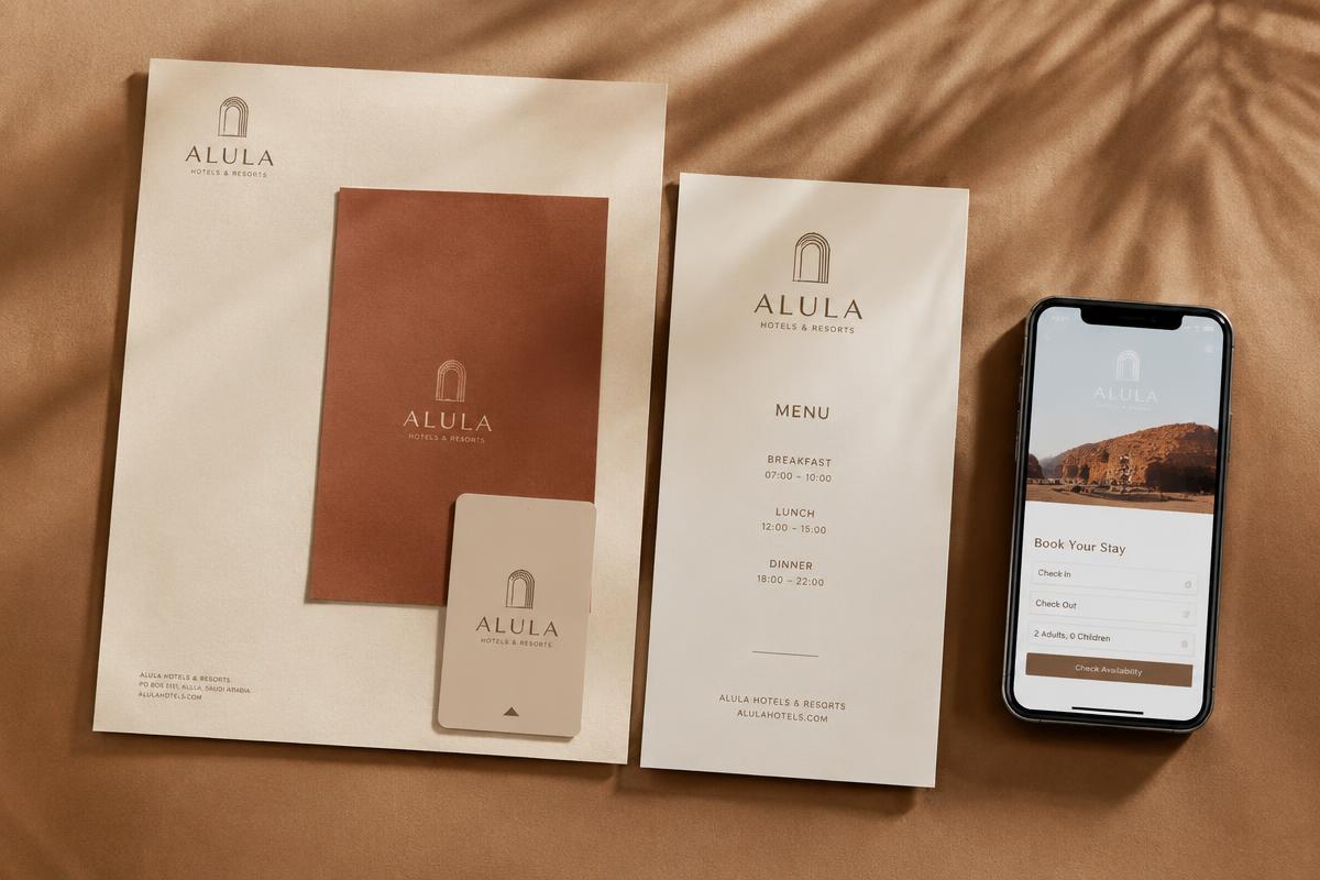 Concept hospitality identity applied to stationery, key card and booking app